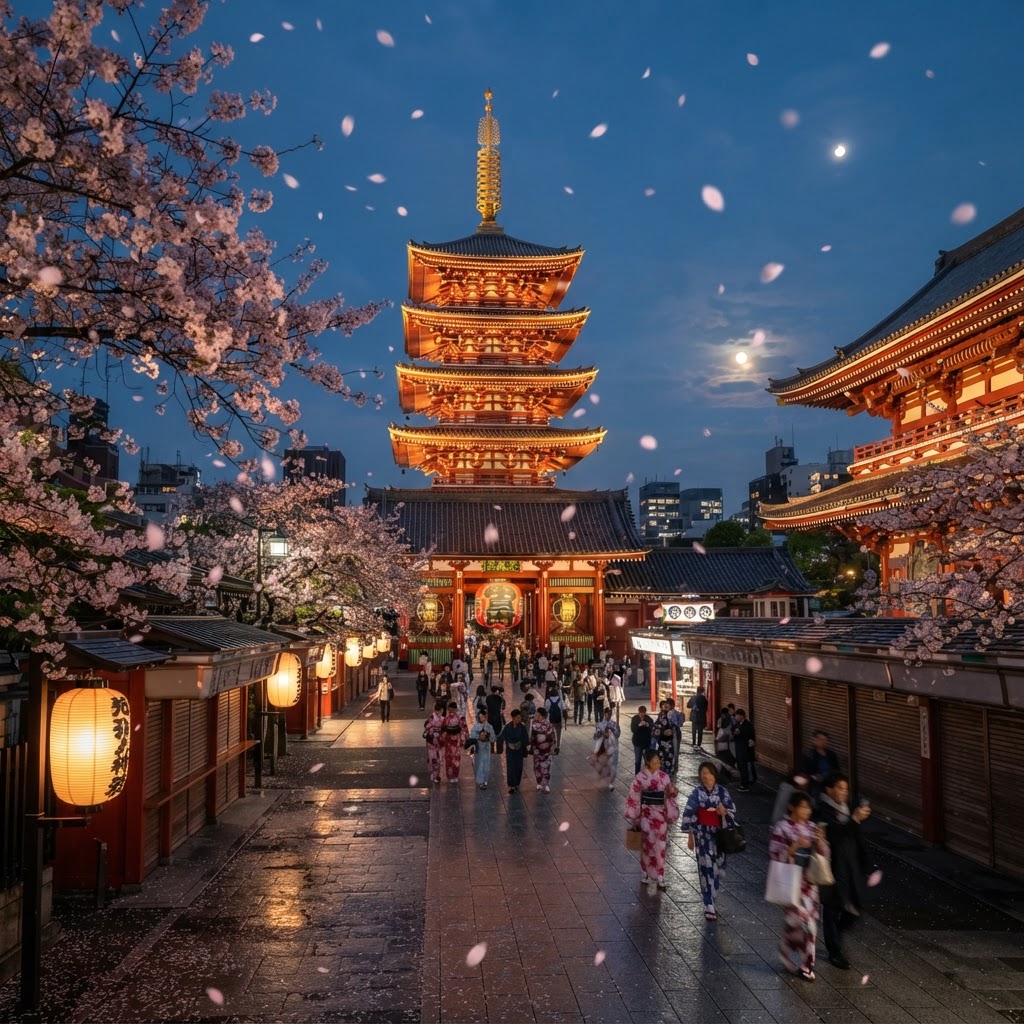 Senso-ji Temple at Asakusa Tokyo at dusk with the five-story pagoda illuminated, traditional Japanese architecture and lanterns glowing warm orange