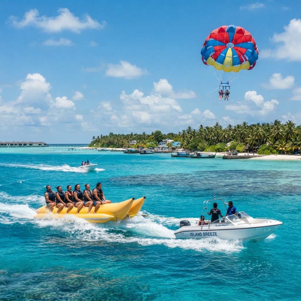 Banana boat ride and parasailing above turquoise Maldives lagoon