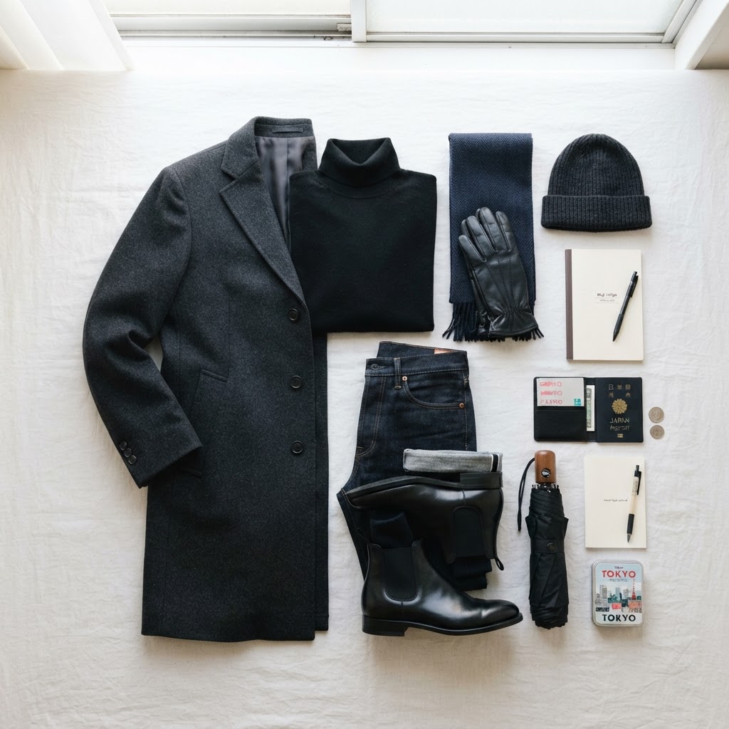 Flat lay of a Tokyo December day outfit with dark wool overcoat, merino turtleneck and leather ankle boots
