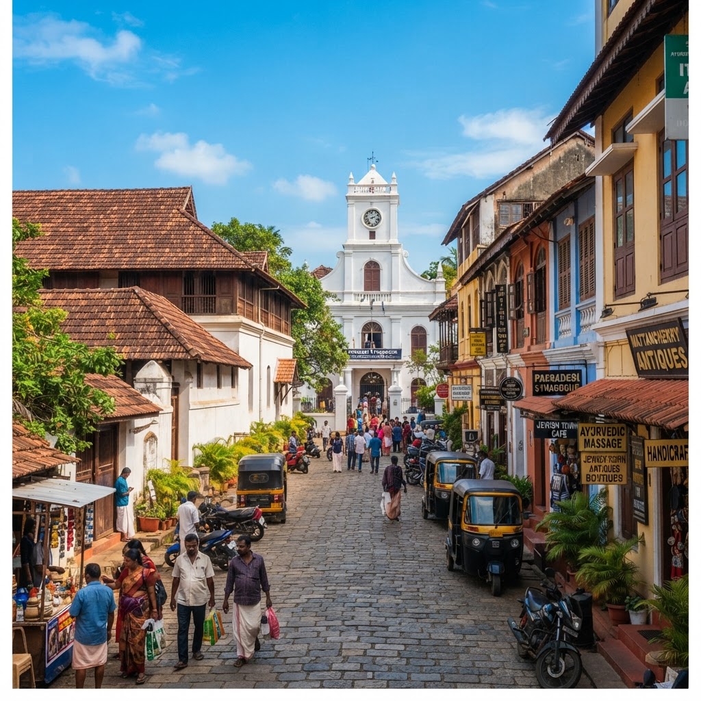 The Mattancherry Dutch Palace and Jewish Synagogue area in Fort Kochi Kerala India at midday with colourful colonial facades, antique shops, clear blue sky