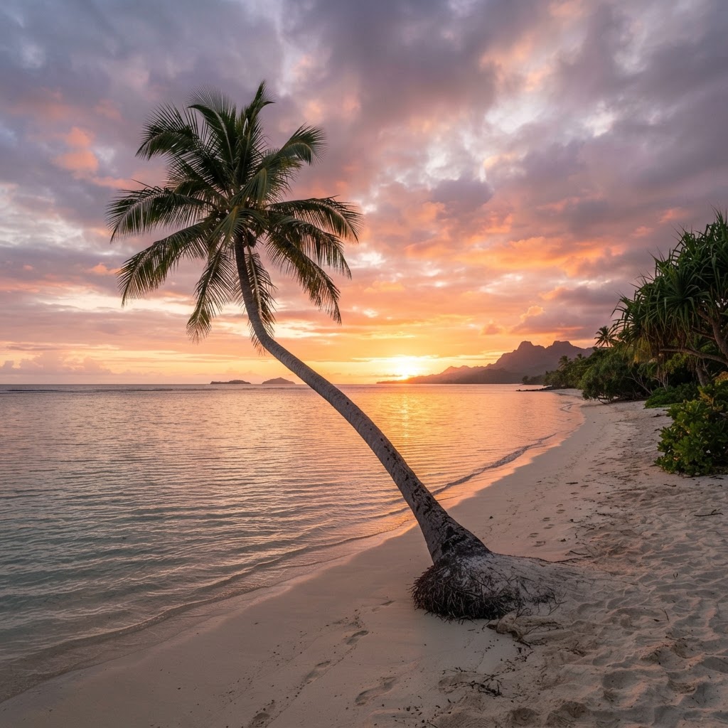 A Fiji beach on the Coral Coast at sunset with a lone palm tree leaning over white sand