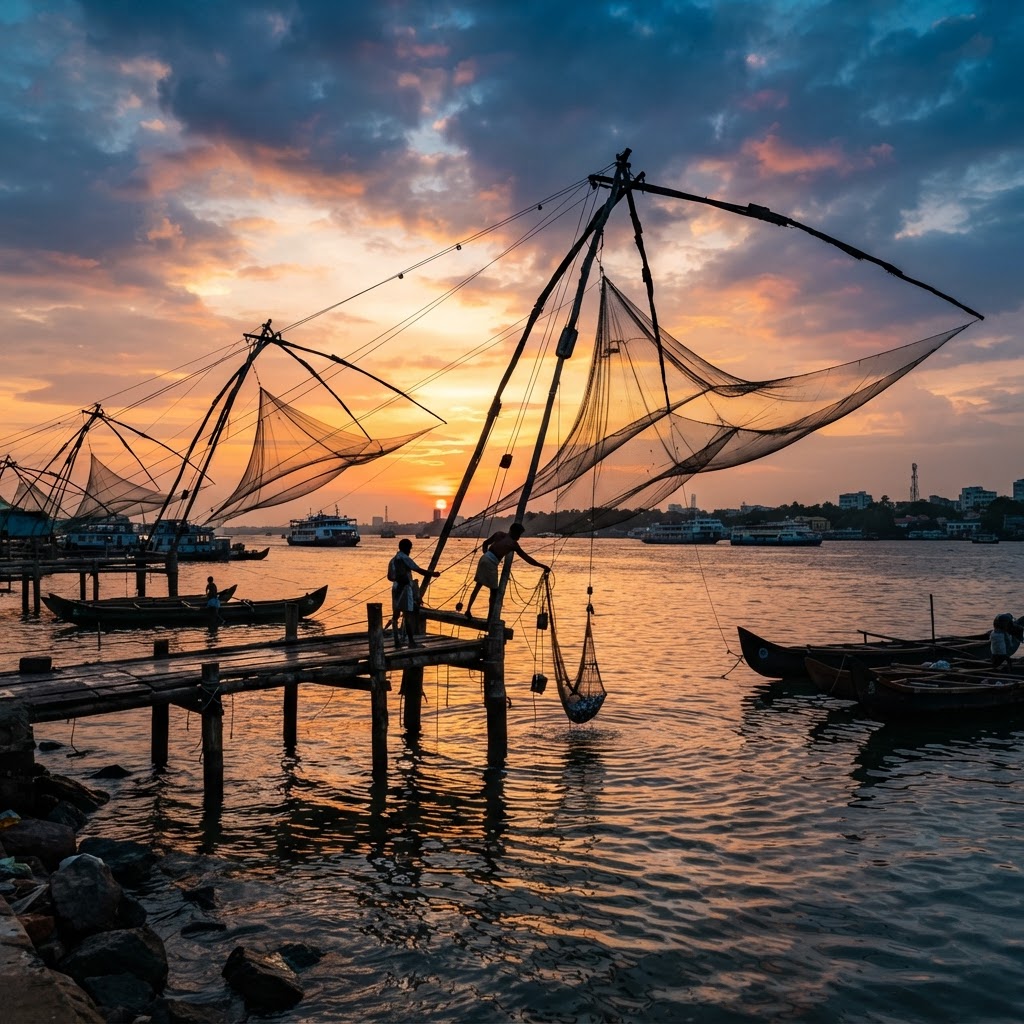 Chinese fishing nets silhouetted against a sunset over Kochi harbour