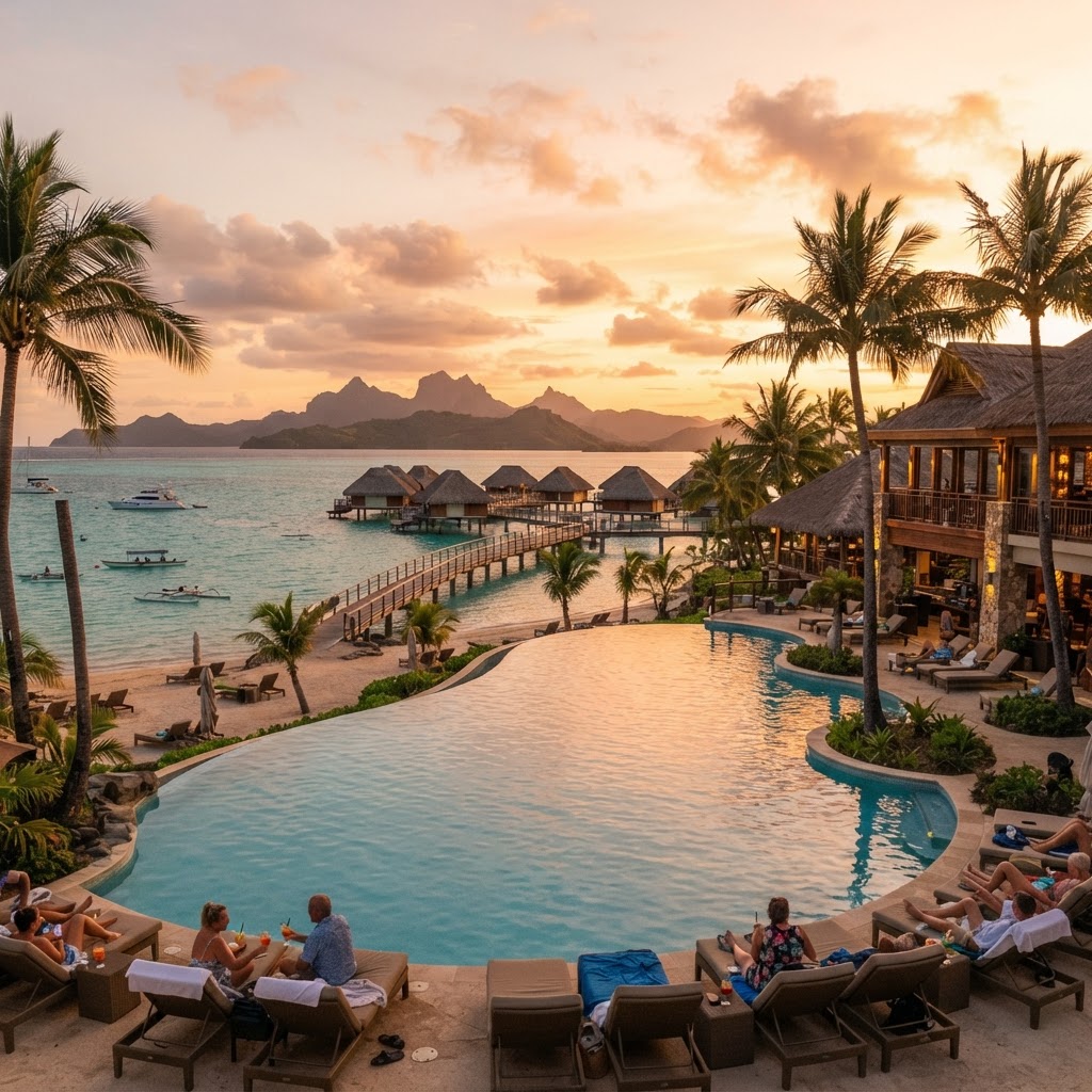 Fiji Denarau Island resort at golden hour with beachfront pool, palms and overwater bures