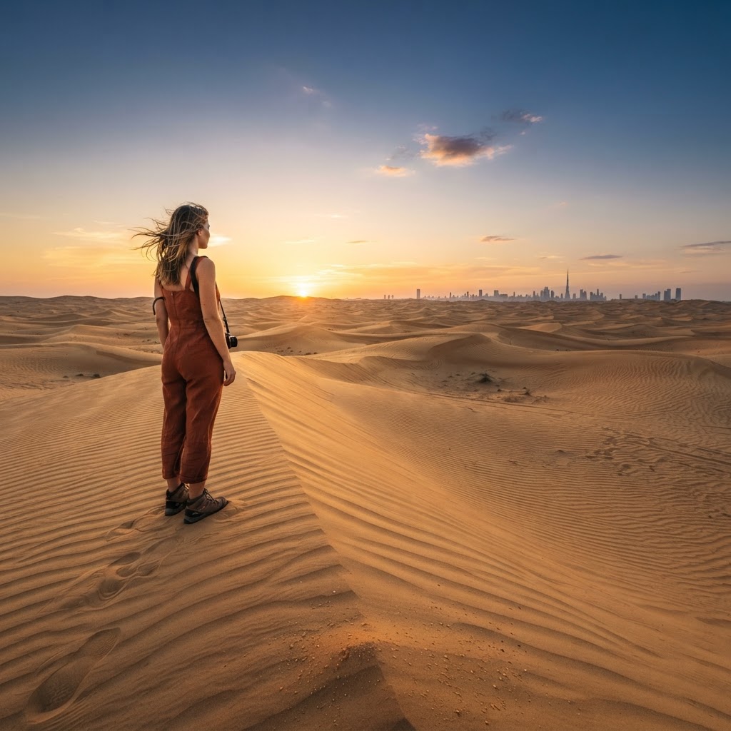 Golden sand dunes near Dubai at sunset