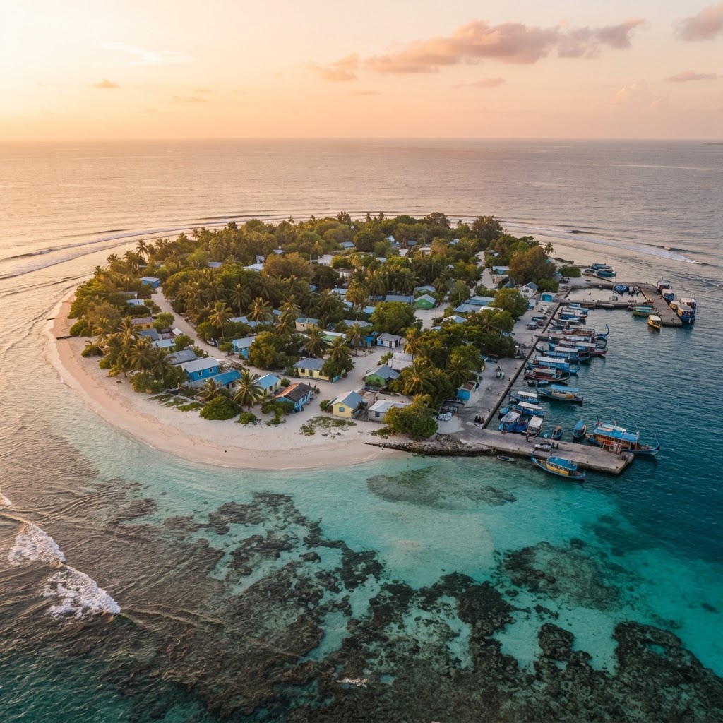 Aerial view of Gaafaru island Maldives with houses, beach, harbour and turquoise lagoon