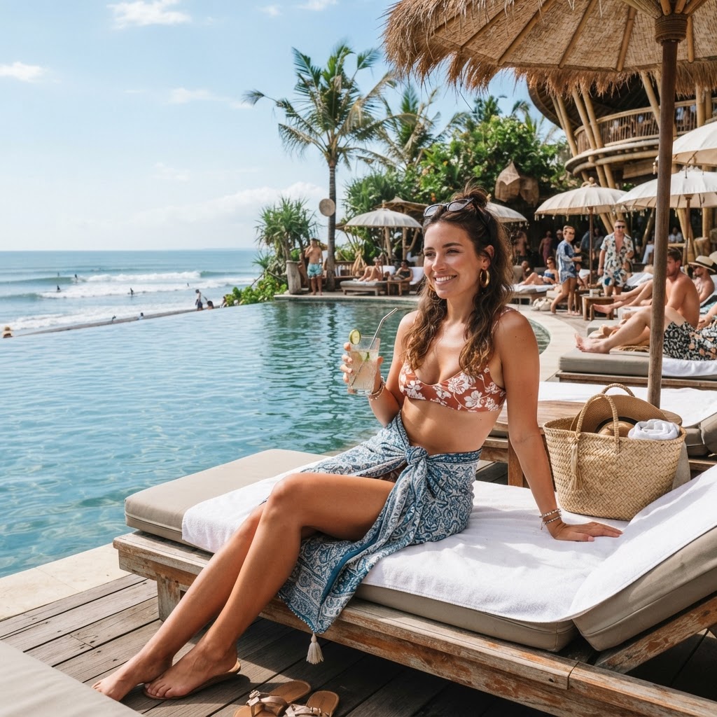 Swimwear and sarong at a Canggu Bali beach club pool