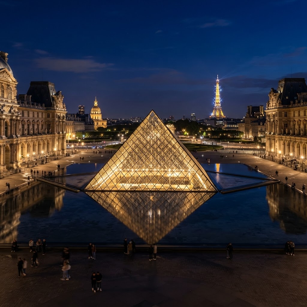 The Louvre Museum glass pyramid in Paris at night lit up and glowing, reflected in the courtyard pool, with the Paris skyline in the background
