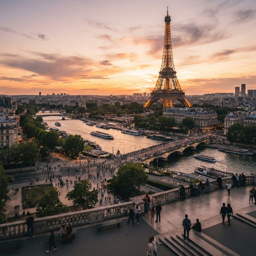The Eiffel Tower and the Seine River in Paris at sunset with the Haussmann skyline and Trocadero in the foreground