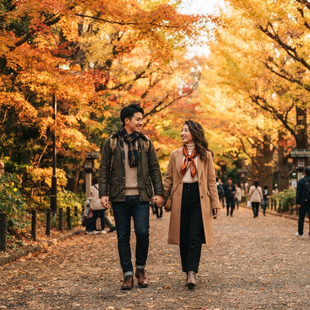 Stylish couple in chic autumn outfits walking through Meiji Jingu park in Tokyo in October with golden and orange maple leaves