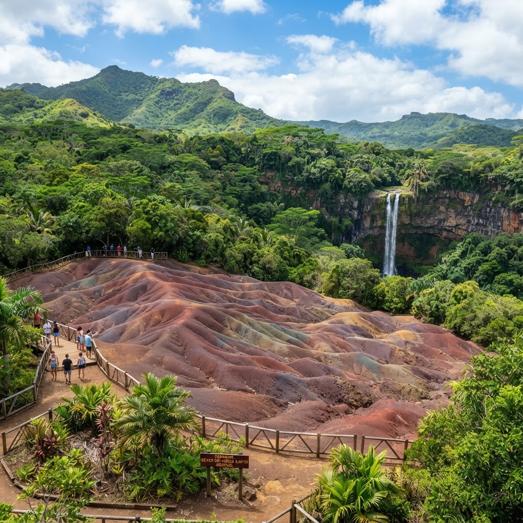 Mauritius Chamarel Seven Coloured Earth and waterfall
