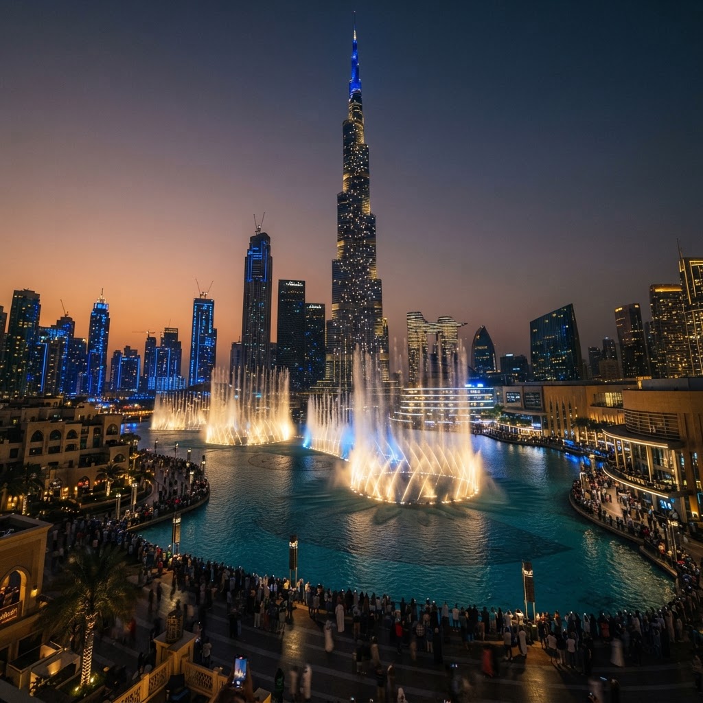 The Dubai Fountain and Burj Khalifa at dusk with illuminated water jets performing in the foreground and Downtown Dubai lit up in blue and gold