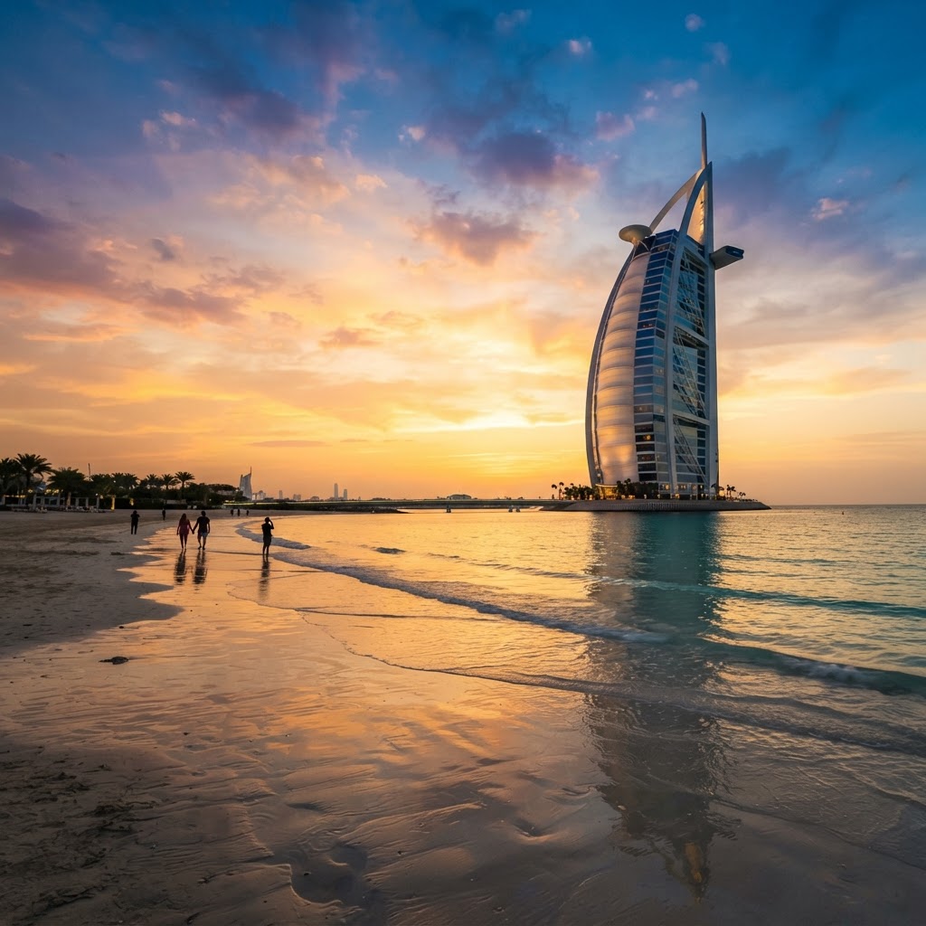 Burj Al Arab sail-shaped hotel at sunset on Jumeirah beach