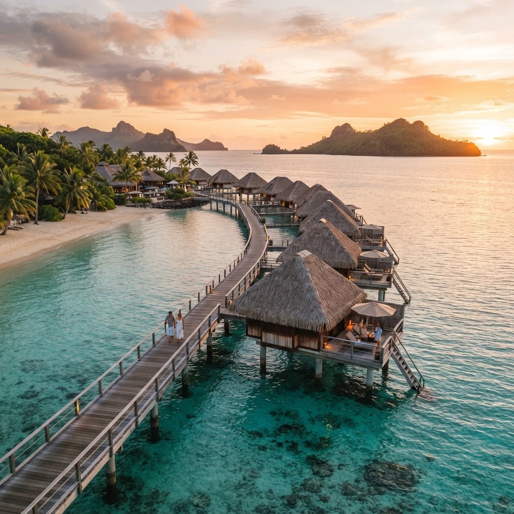 Fiji overwater bures at golden hour over a turquoise lagoon