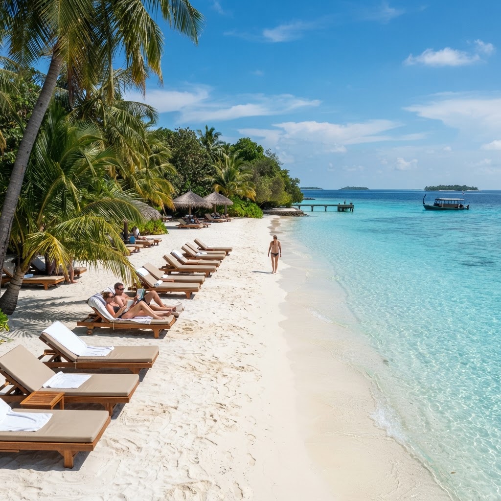 Ukulhas bikini beach with white sand, palm trees, sun loungers and clear shallow water