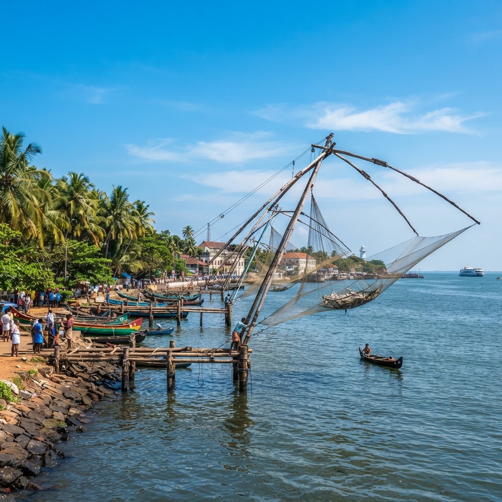 The Chinese fishing nets of Fort Kochi in Kerala India at midday, traditional cantilevered fishing nets over the backwaters, palm trees, clear blue sky
