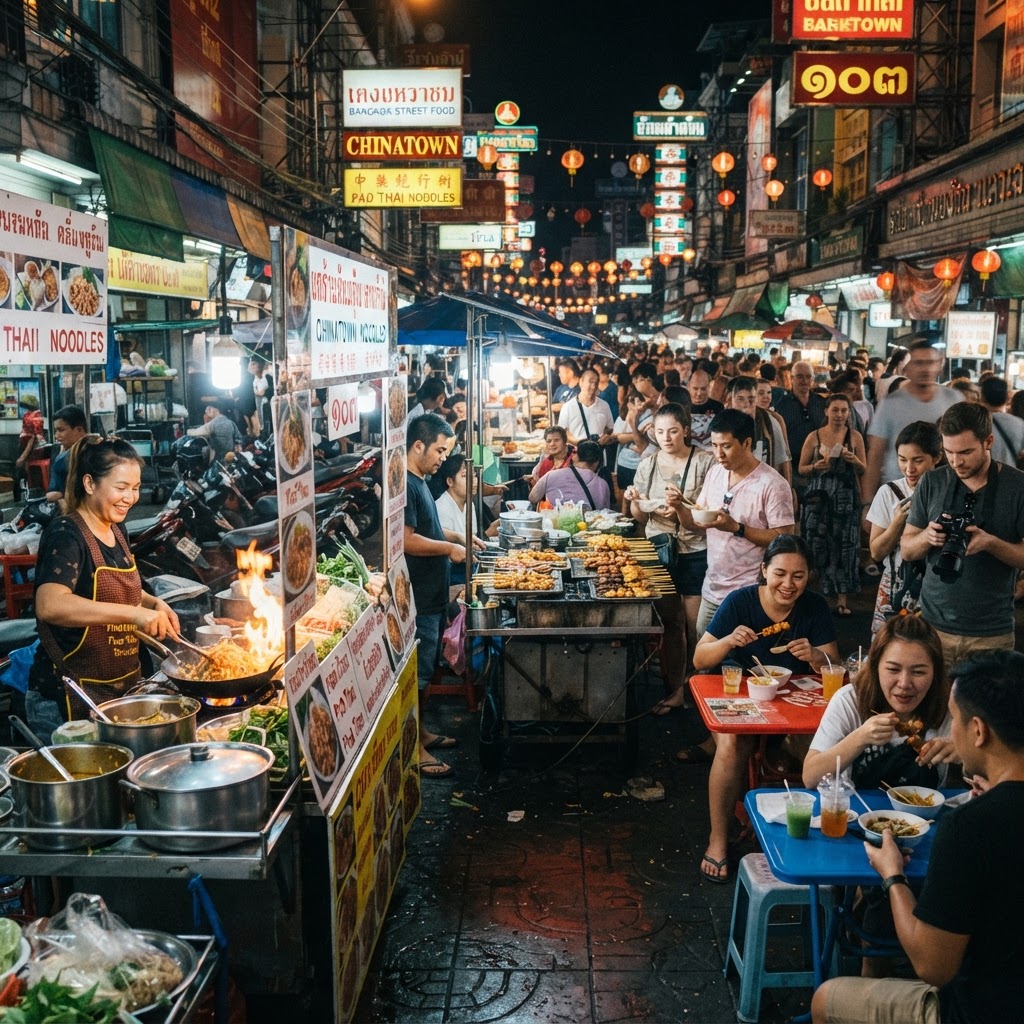 Bangkok street food night market with vendors and neon signs