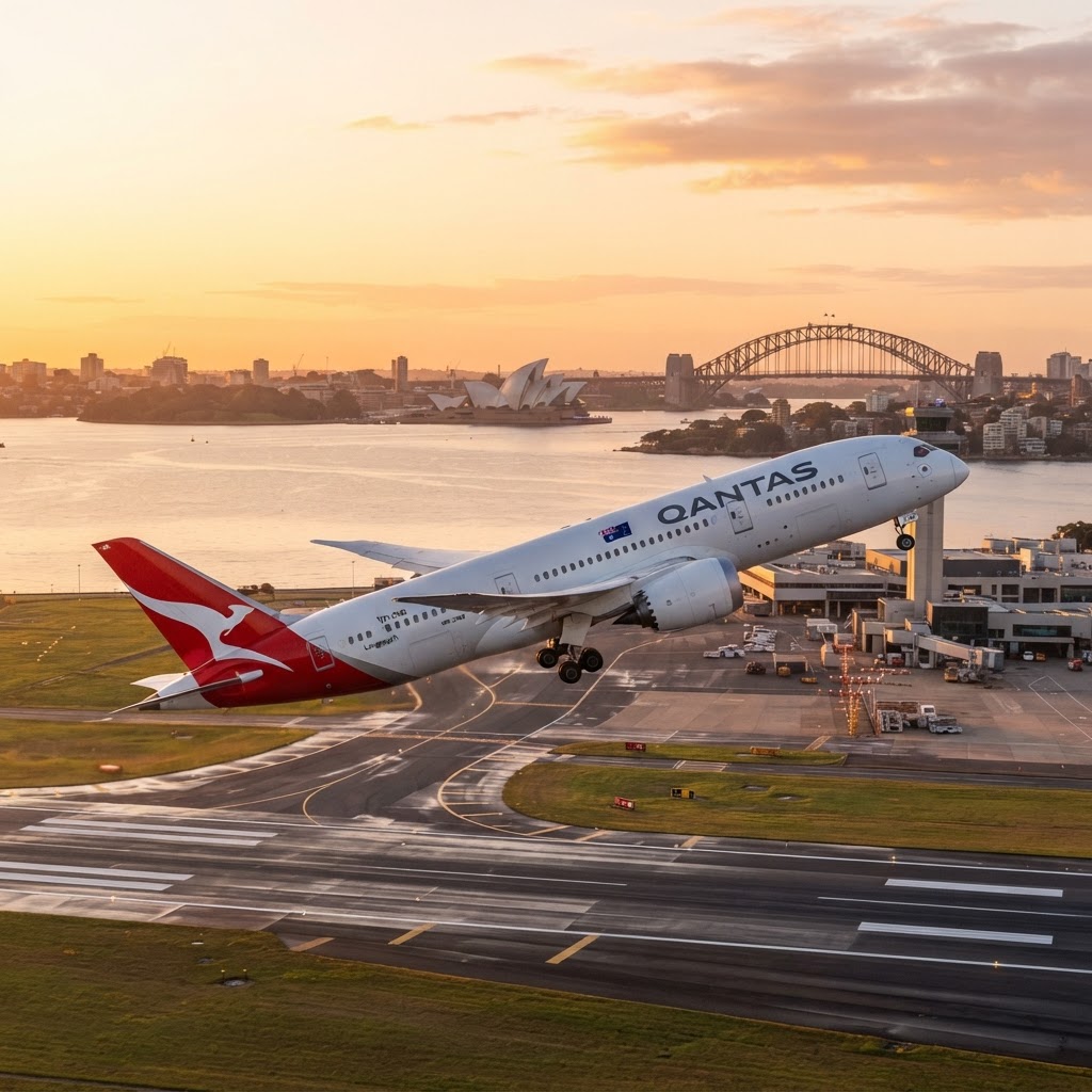 A Qantas Boeing 787 Dreamliner taking off from Sydney Kingsford Smith Airport runway at dawn with the Sydney Opera House and Harbour Bridge in the distance