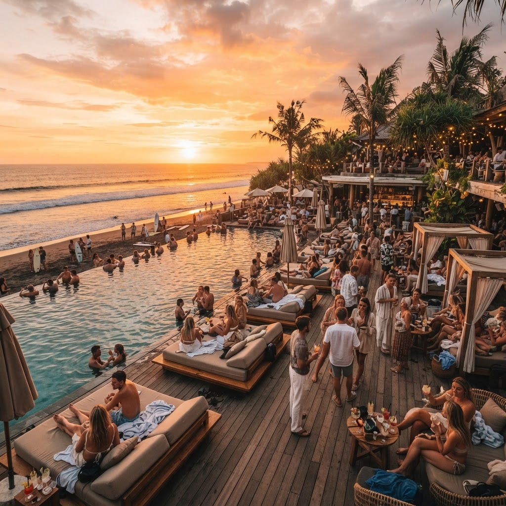 Luxurious Bali beach club at golden hour with infinity pool overlooking the ocean