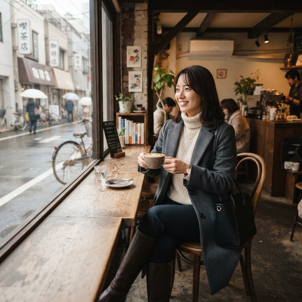 Stylish woman in chic winter outfit sitting in a warm Tokyo café with a hot coffee in December