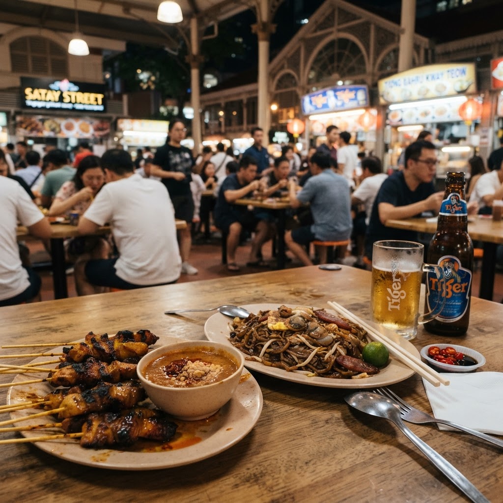 A Singapore hawker centre scene with satay skewers, peanut sauce, char kway teow and a Tiger beer on a table