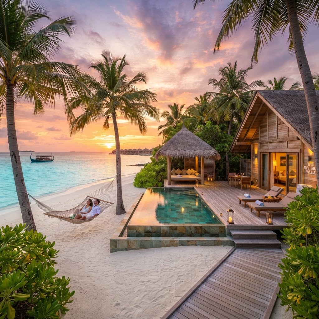 Beach pool villa on a Maldives private island at sunset