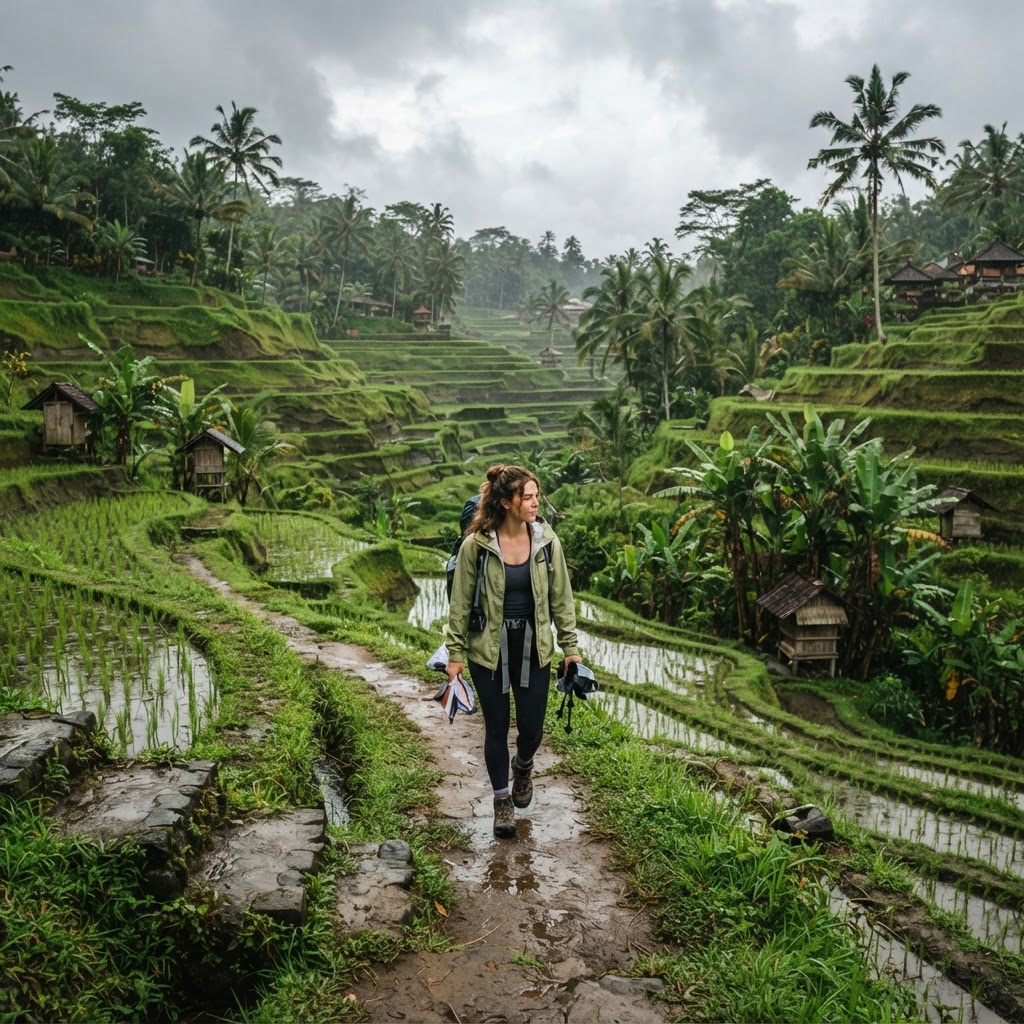 Traveler in light breathable clothing and rain jacket walking through vivid green December rice terraces in Ubud Bali