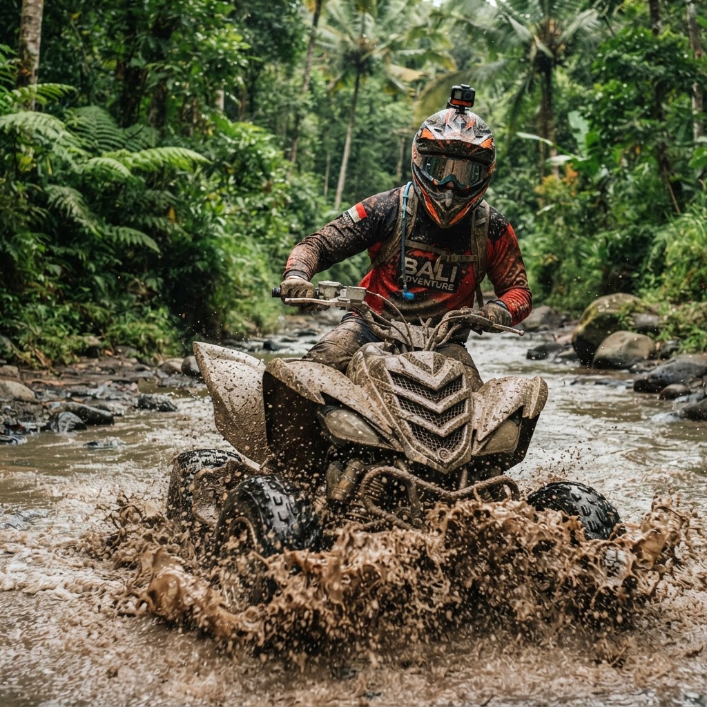ATV quad bike splashing through mud in a Bali jungle river crossing