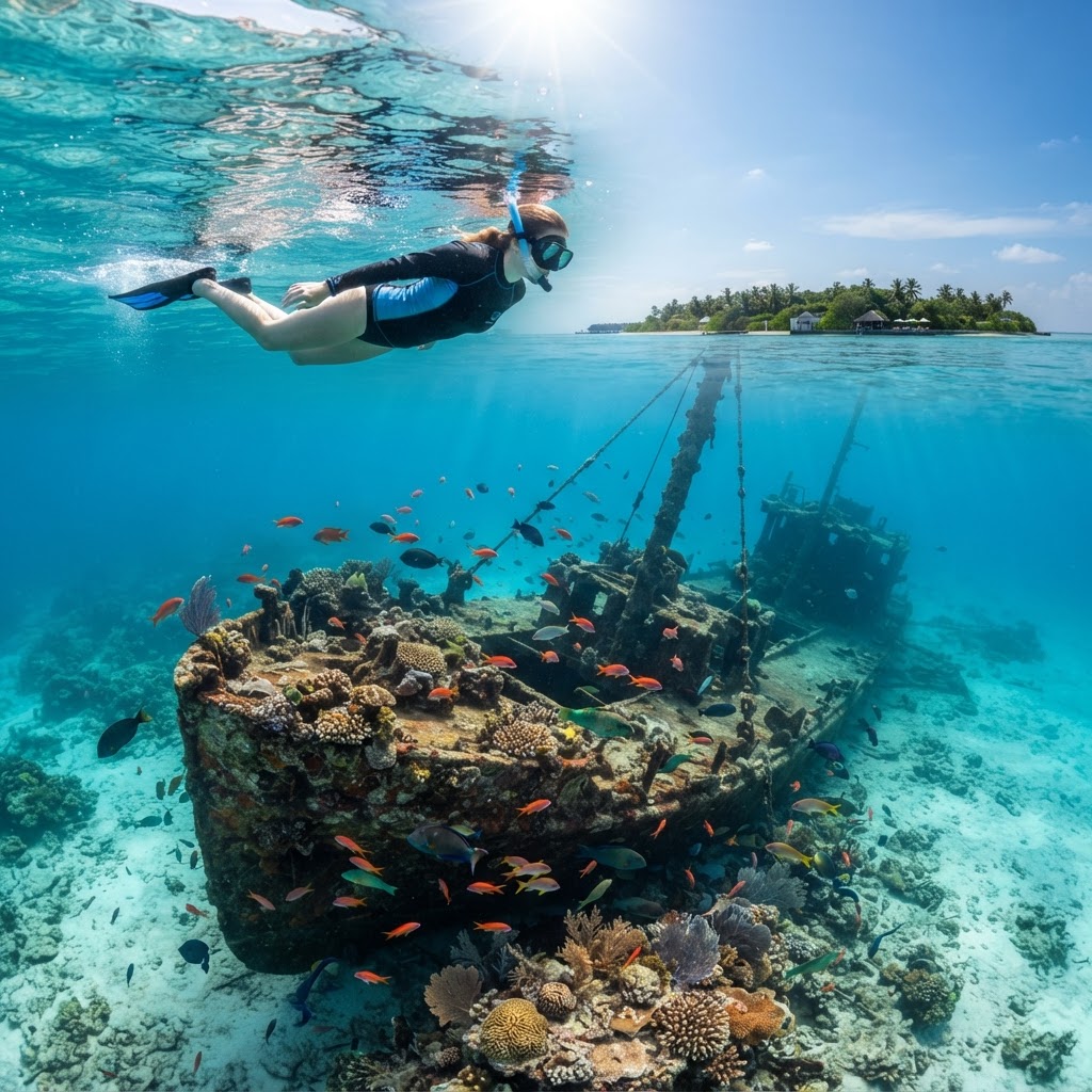 Snorkelling over a shallow historic shipwreck on the Gaafaru reef with coral and fish