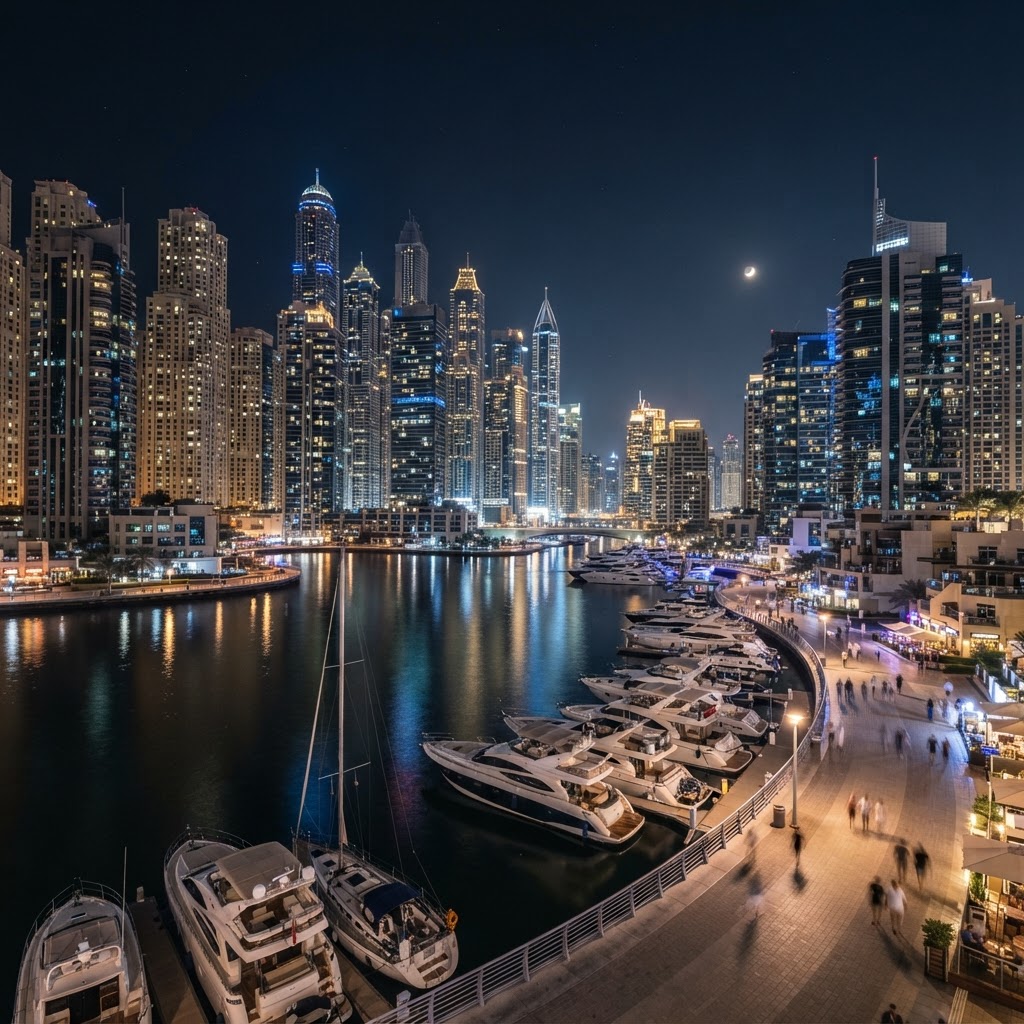 Dubai Marina at night with illuminated skyscrapers reflected in the calm marina water and yachts moored in the foreground