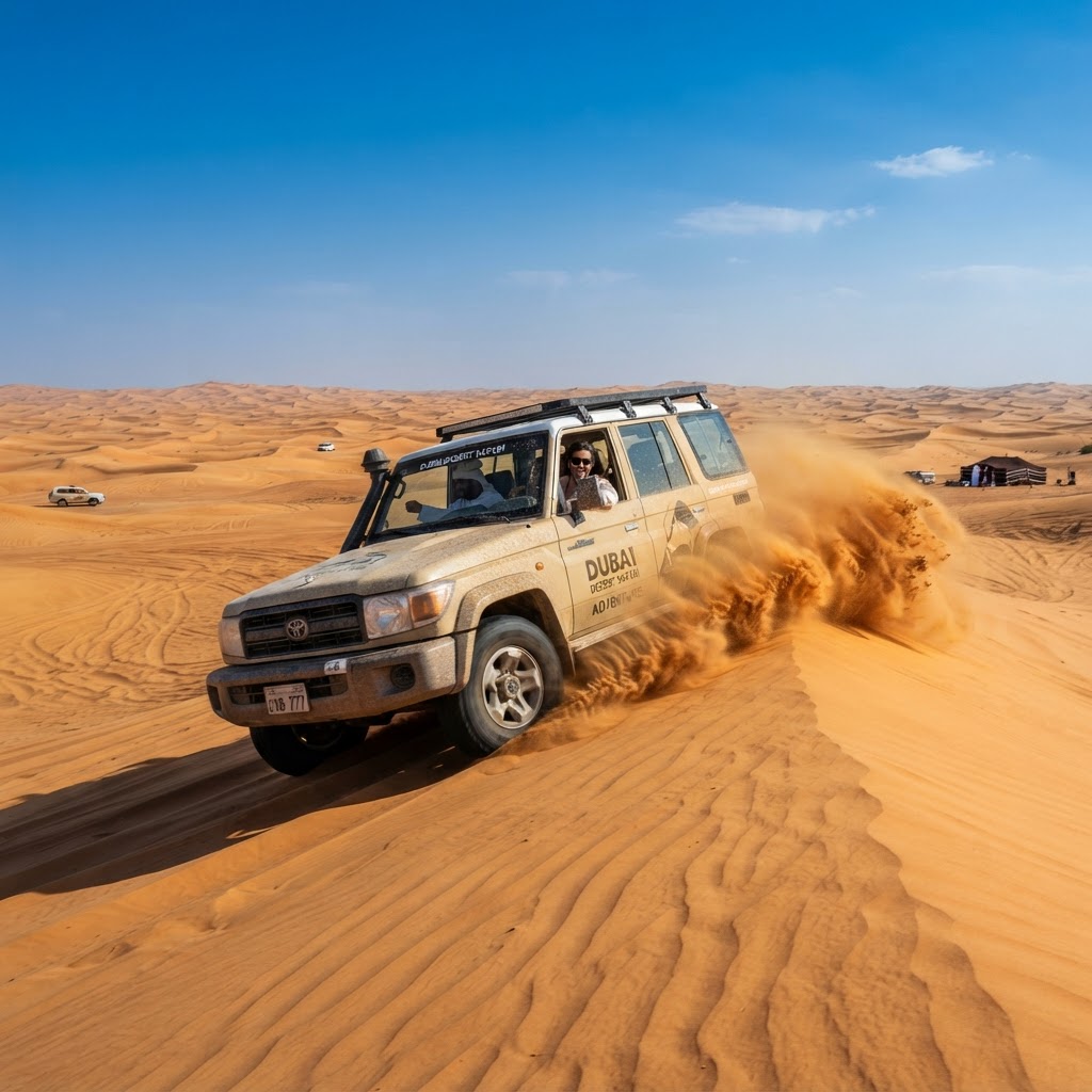 Desert safari near Dubai with golden sand dunes and a 4x4 vehicle