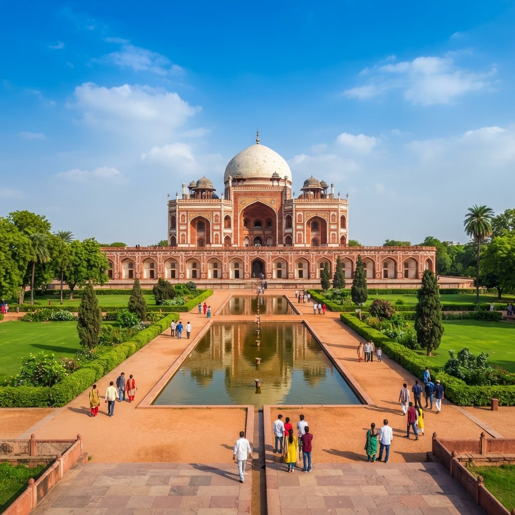 Humayun Tomb in Delhi, a grand Mughal sandstone and white marble domed mausoleum surrounded by green formal Persian gardens under a clear blue sky