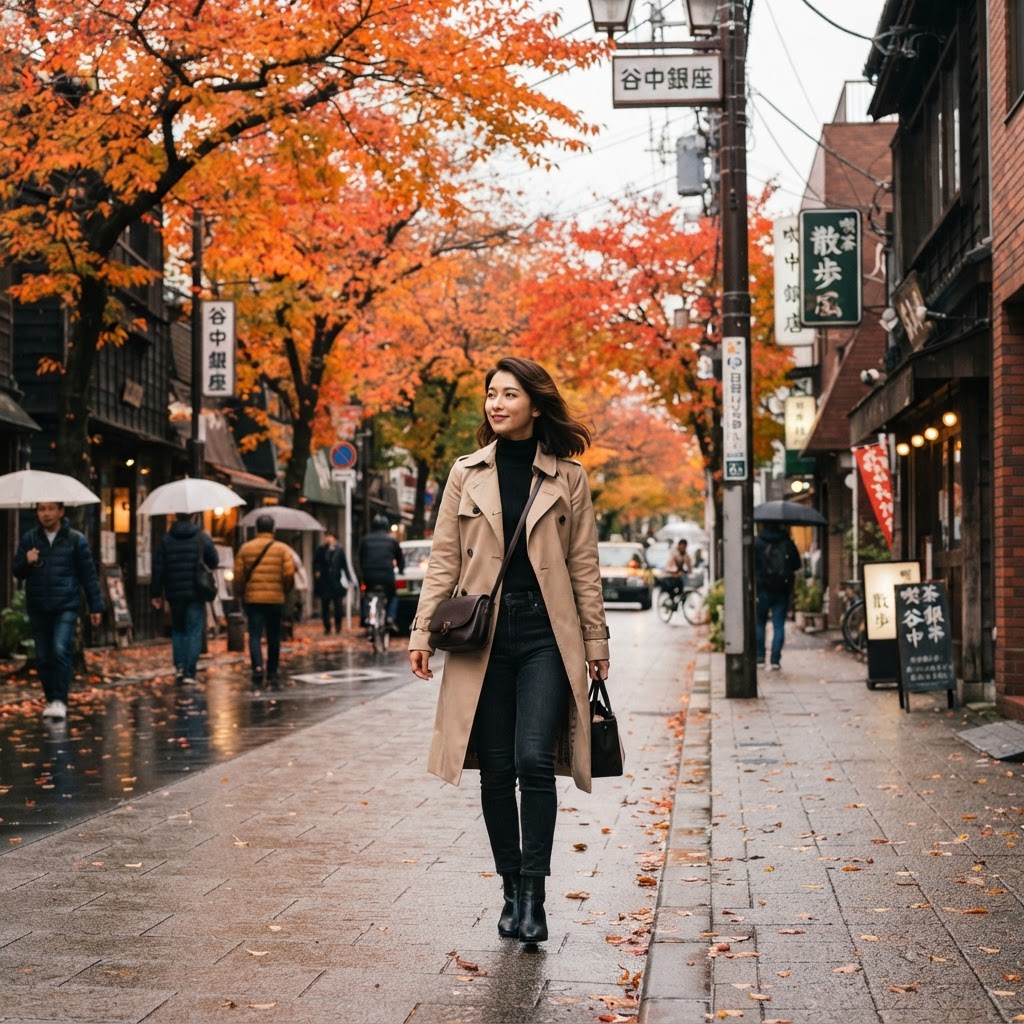 Stylish woman in light autumn outfit — trench coat, fine knit, ankle boots — walking through a Tokyo street in October with maple trees turning orange and red