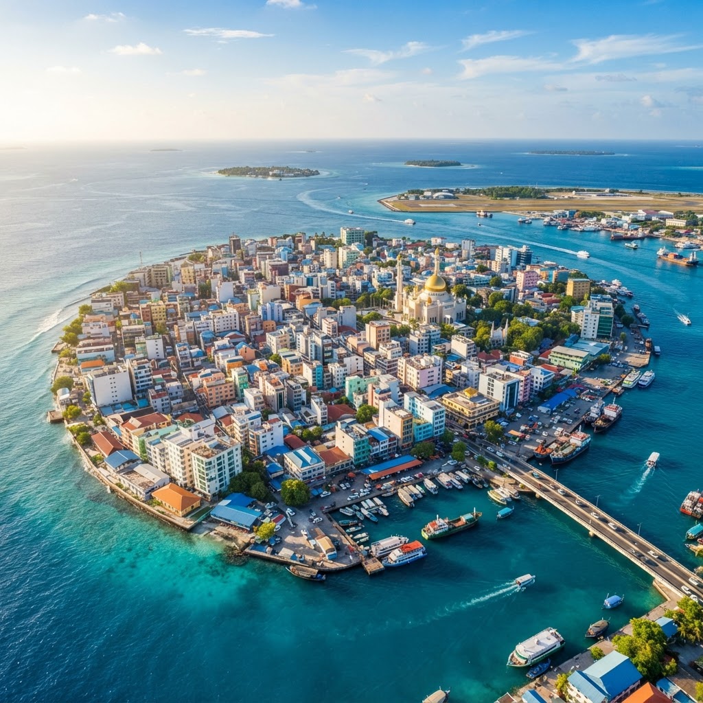 Aerial view of Male city, the capital of the Maldives, with colorful buildings surrounded by turquoise ocean