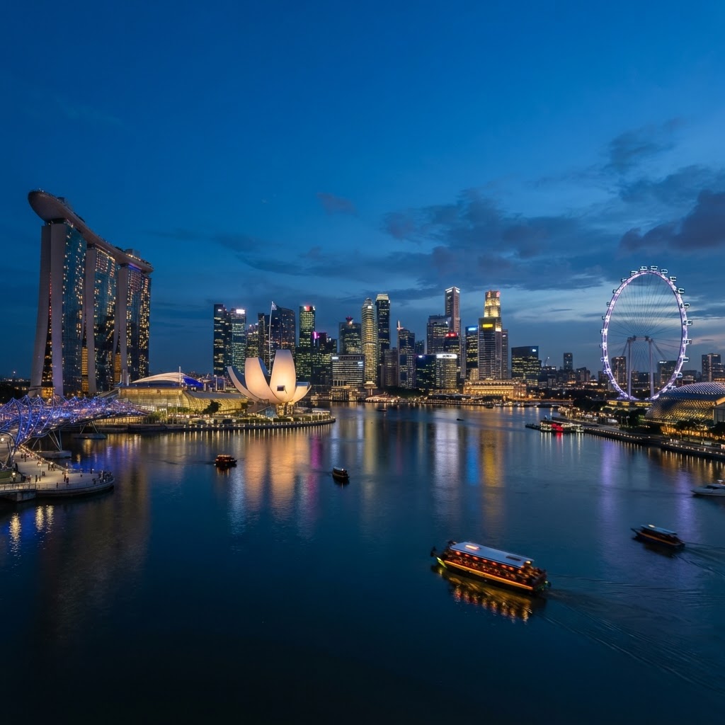 The Singapore skyline at blue hour with Marina Bay Sands, the Singapore Flyer and the CBD towers lit up