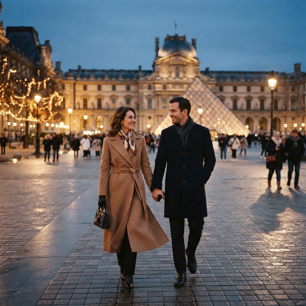 Elegant couple in stylish winter evening wear walking near the Louvre in Paris at dusk in December