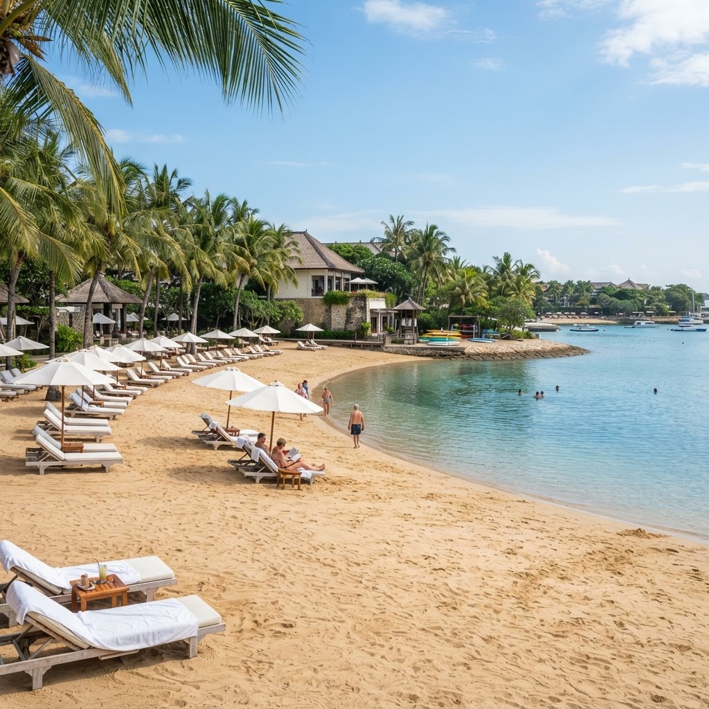 Golden sand beach and lagoon at Club Med Bali, Nusa Dua