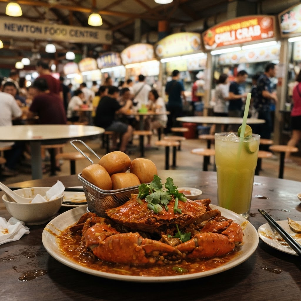 A Singapore hawker centre scene with chili crab, mantou buns and a glass of sugar cane juice on a table
