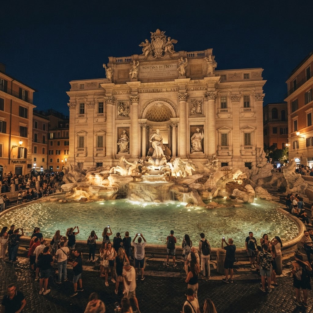 The Trevi Fountain in Rome at night lit up and glowing, the baroque sculptures and cascading water illuminated with the surrounding palazzi in the background