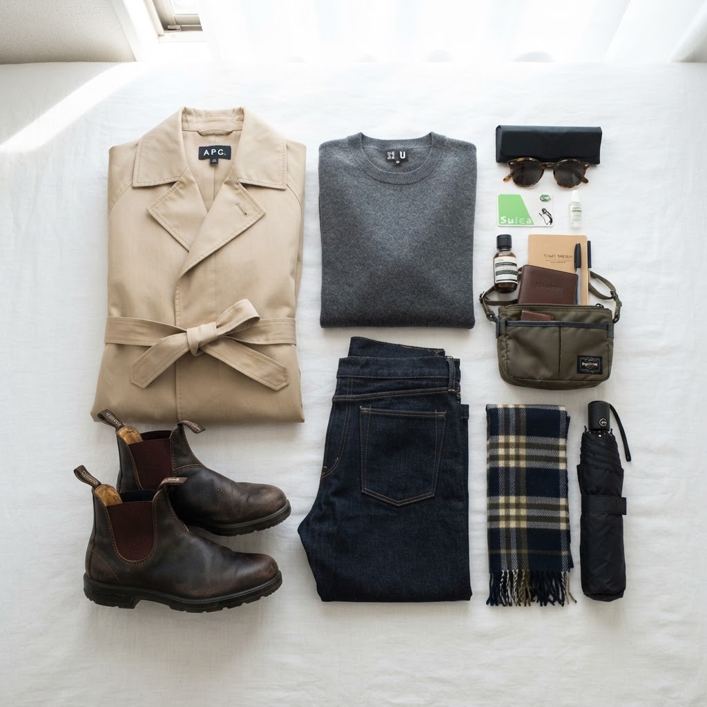 Flat lay of a Tokyo October day outfit with light trench coat, fine merino sweater and leather ankle boots