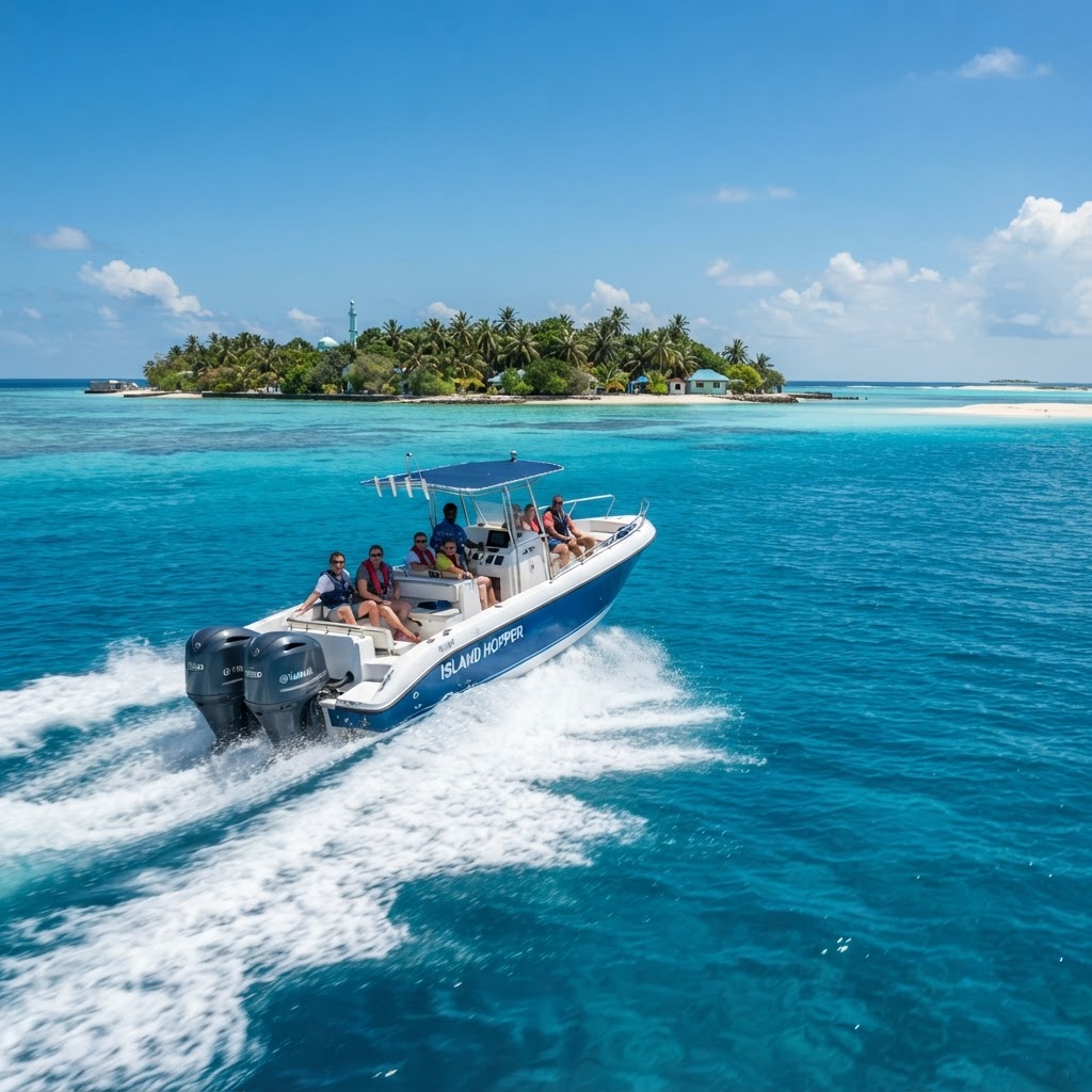 Speedboat with twin outboard engines crossing turquoise Maldives lagoon toward a local island