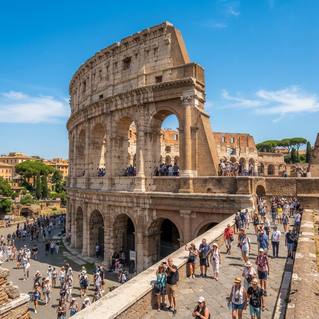 The Colosseum in Rome at midday, the ancient amphitheatre arches, tourists, warm daylight, clear blue sky