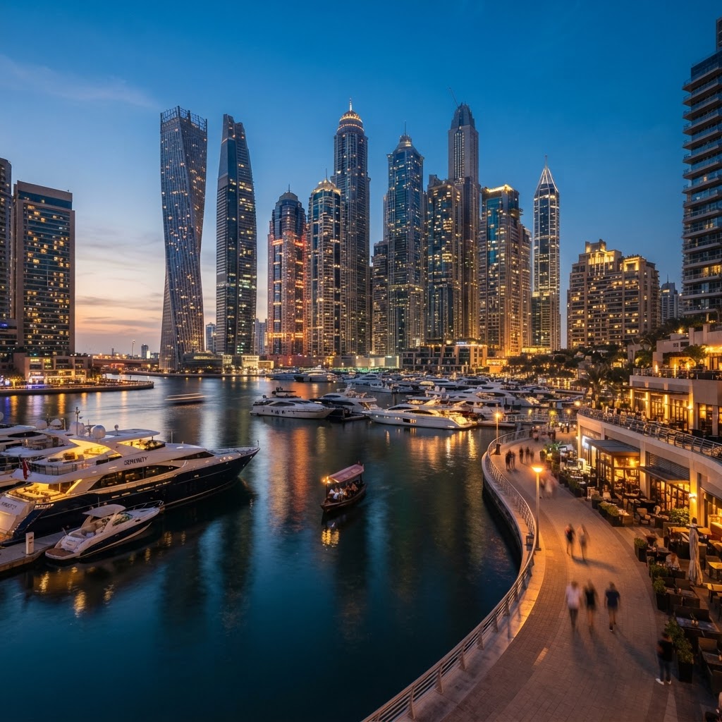 Dubai Marina skyline at blue hour with yachts and skyscrapers along the canal