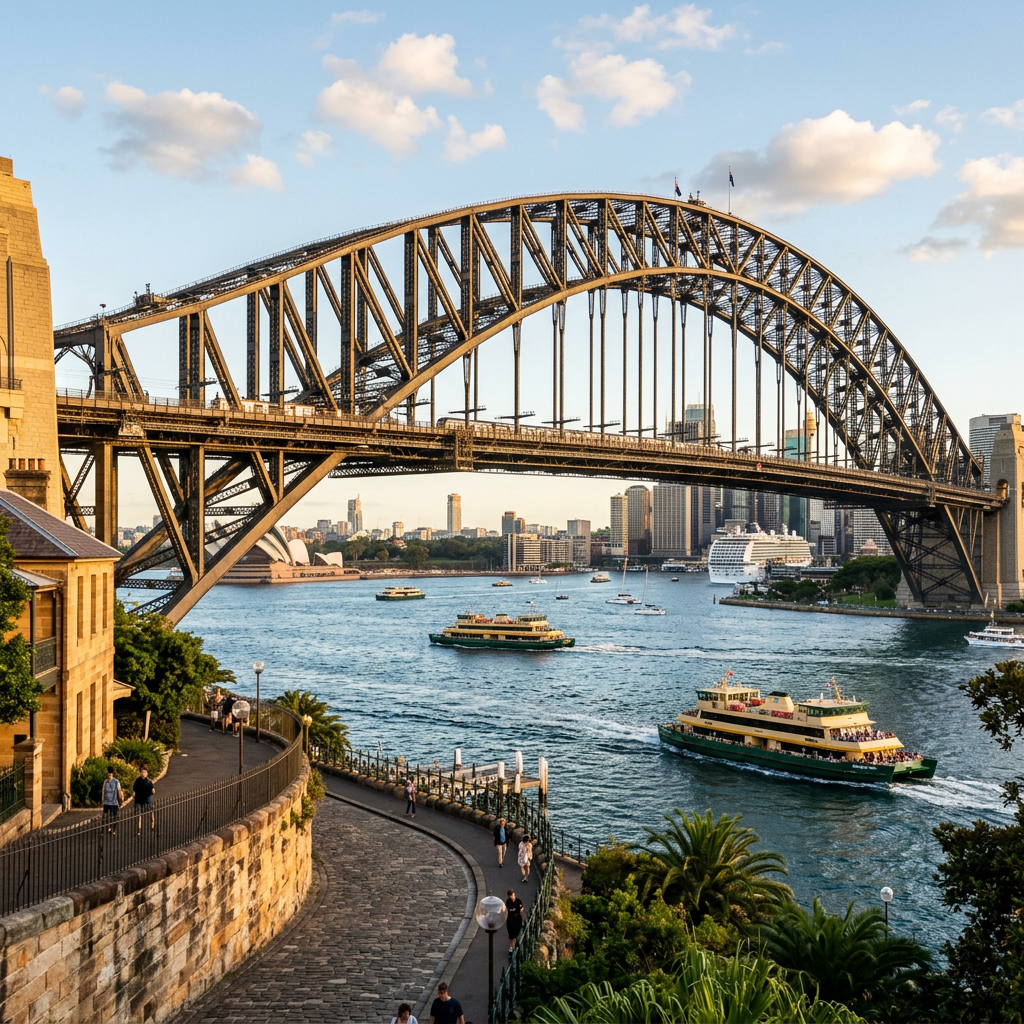 Sydney Harbour Bridge with ferries crossing the harbour in the afternoon light