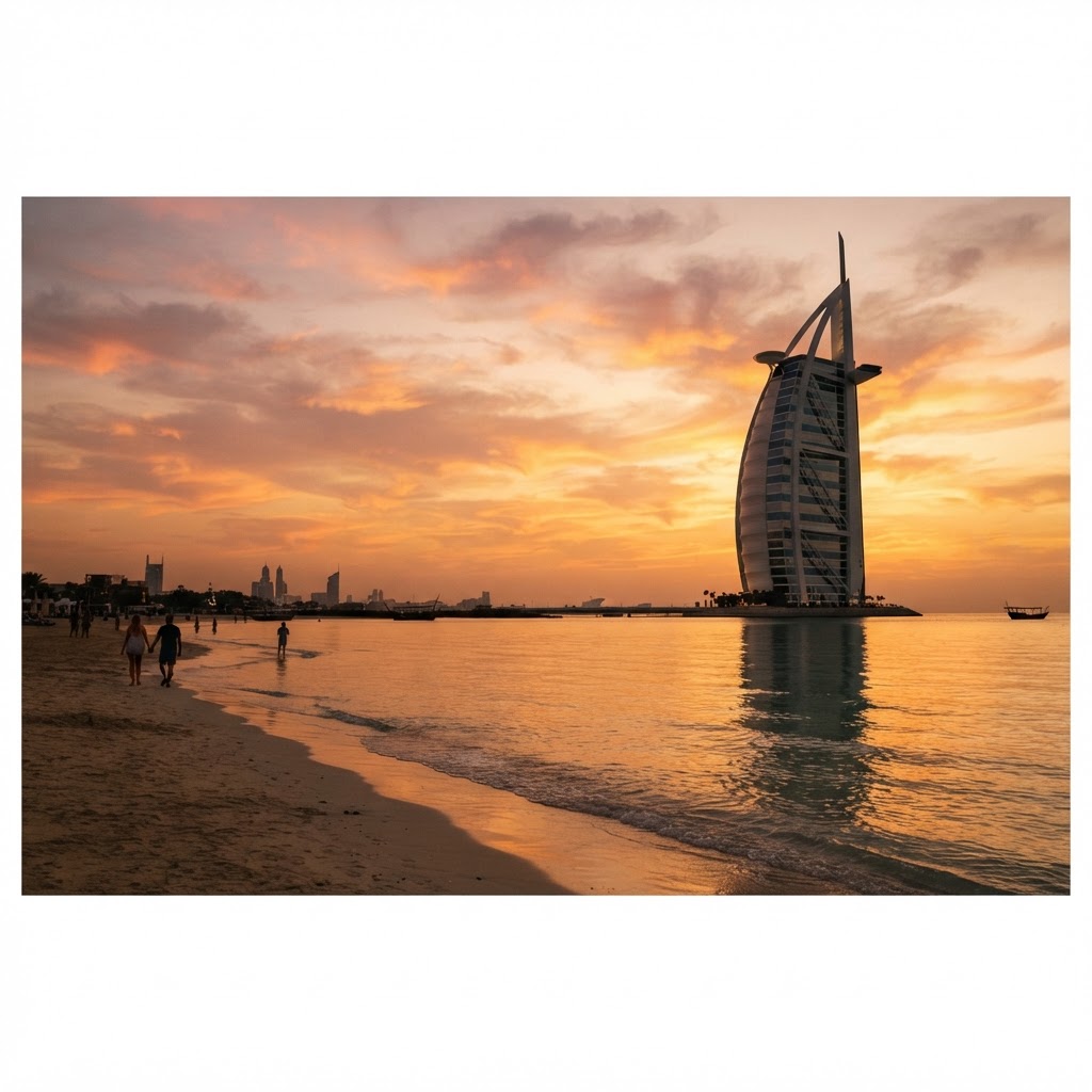 Burj Al Arab hotel at sunset on Jumeirah beach