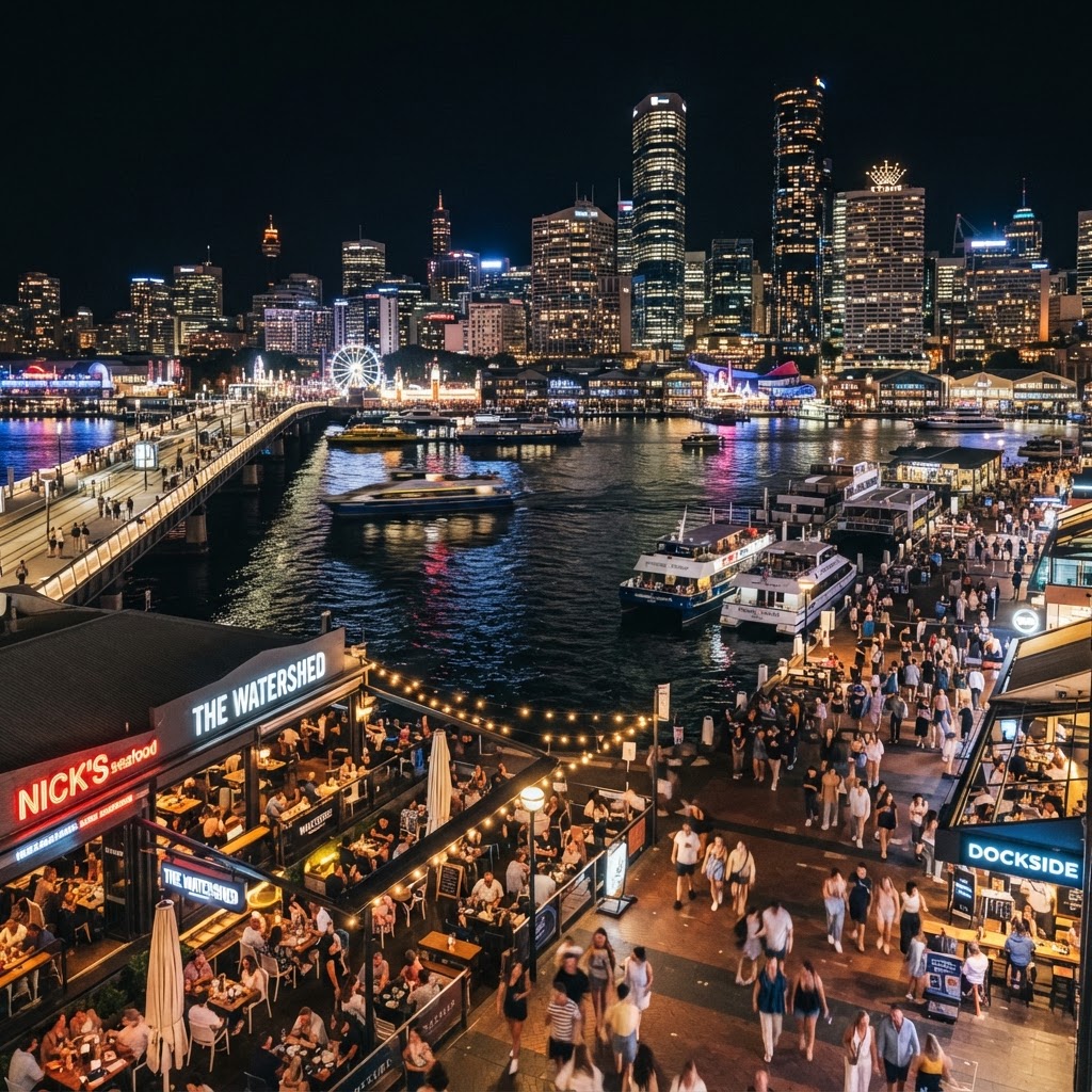 Darling Harbour Sydney at night with illuminated waterfront