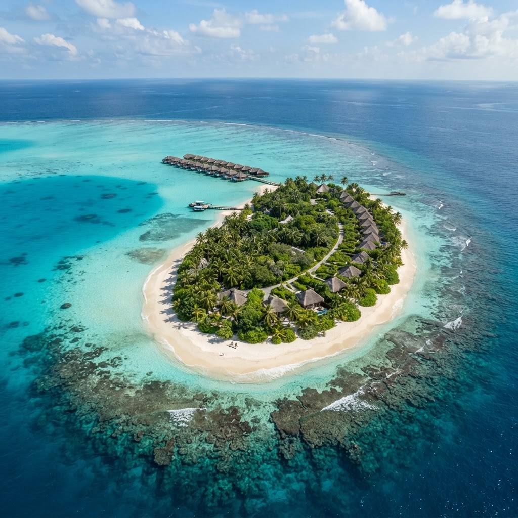 Aerial view of Falhu island Maldives, a small sandy island with palm trees and reef