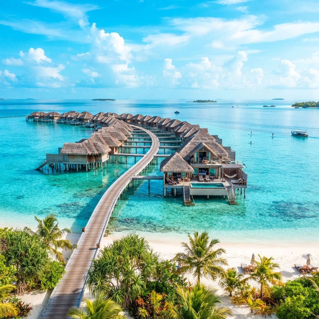 Maldivian overwater bungalows on stilts above a glassy turquoise lagoon under a bright blue sky with a wooden walkway leading to the Indian Ocean