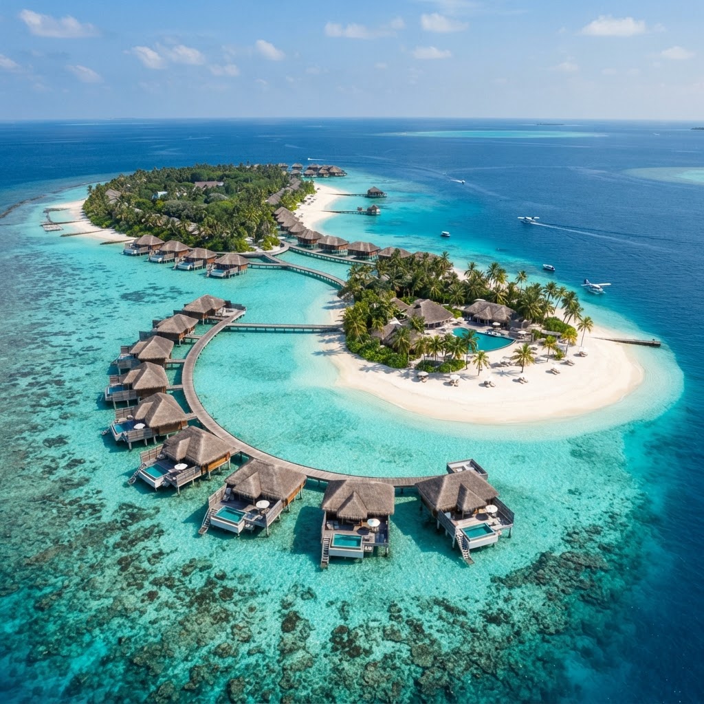 Maldives overwater villa on a turquoise lagoon for a honeymoon