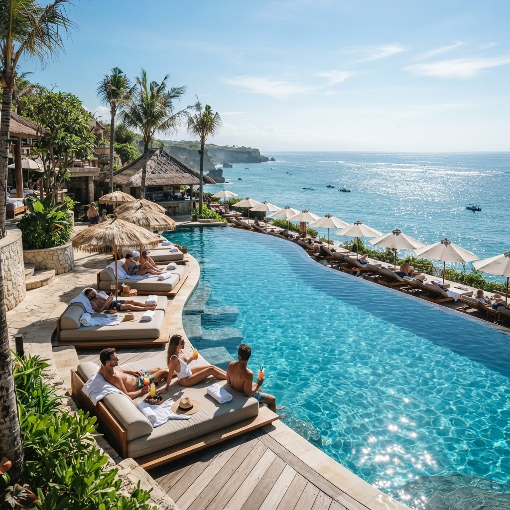 Beach club swimming pool in Bali with sun umbrellas and day beds