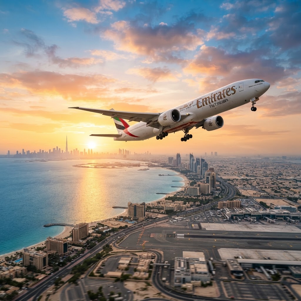 A modern Emirates Boeing 777 airliner taking off at sunrise over a coastline with golden morning light, photorealistic aviation photography, cinematic wide shot